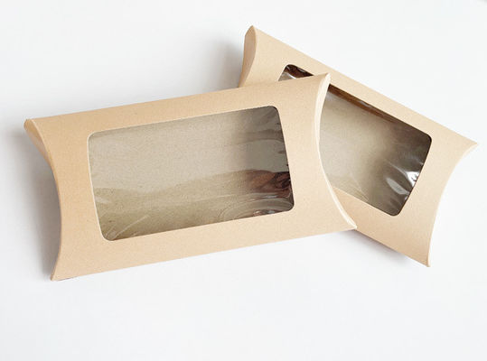 Vista de ventana Impresión de logotipo personalizado Cajas de regalo de almohada Kraft para caramelos