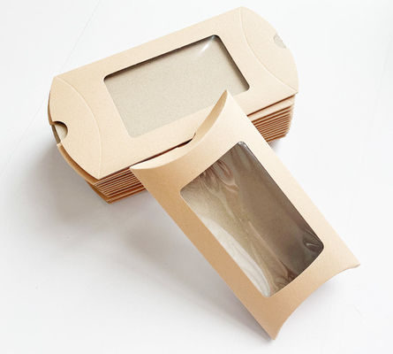 Vista de ventana Impresión de logotipo personalizado Cajas de regalo de almohada Kraft para caramelos